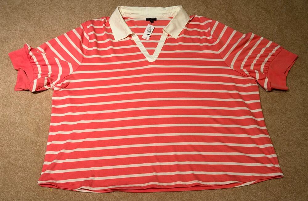 Talbots Plus 3X Coral White Striped Polo Shirt Short Ruffle Sleeve Pima Cotton